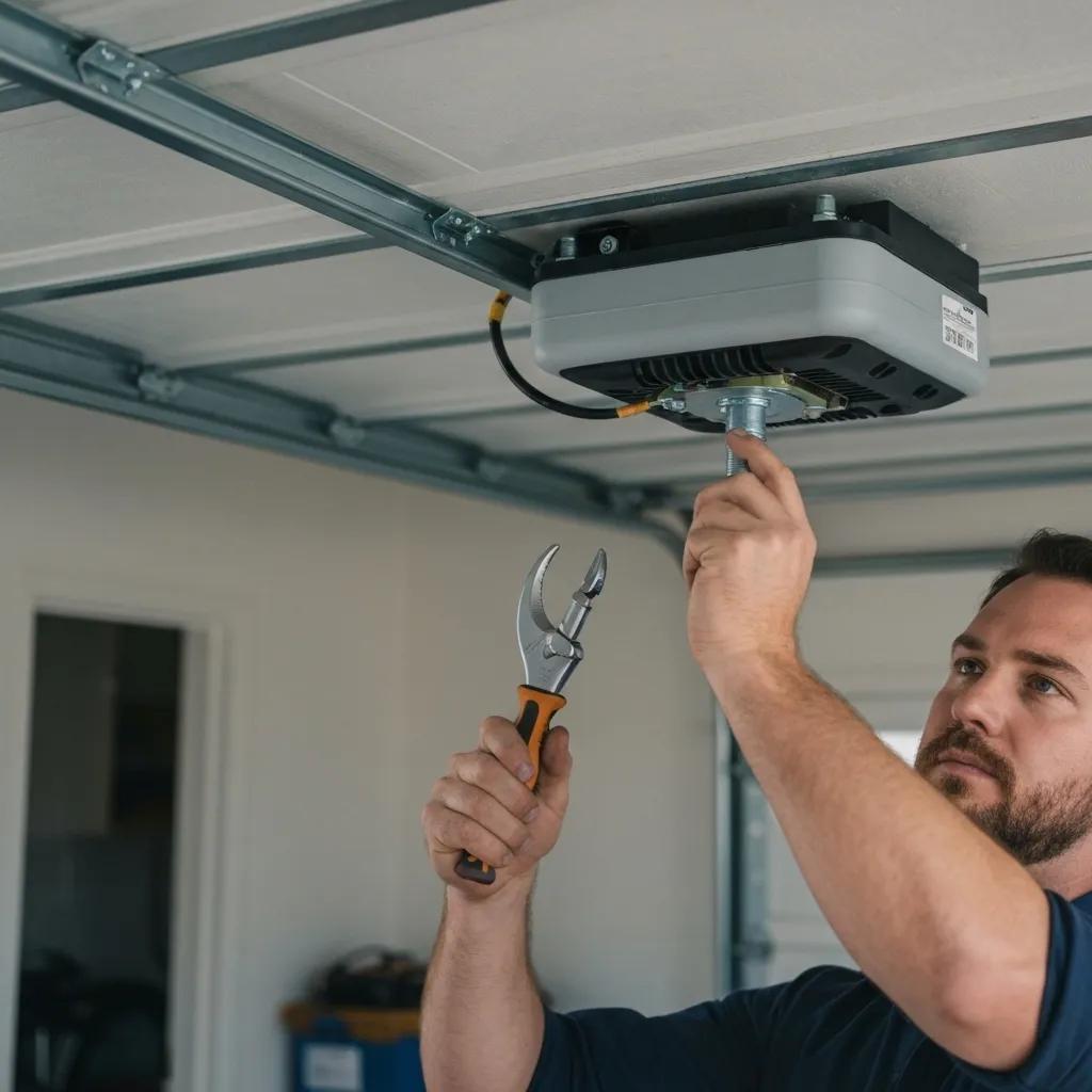 Technician inspecting a garage door opener components during troubleshooting